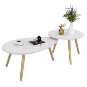 Modern Minimalist Nesting Coffee Tables – White Top, Wood Legs