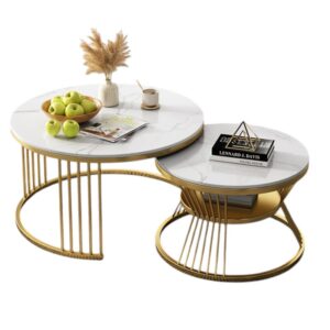 2-Piece Modern Nesting Coffee Table Set – White  Top with Gold Metal Frame