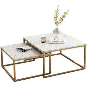 2-Piece Modern Nesting Coffee Table Set – White Marble Finish with Gold Metal Frame