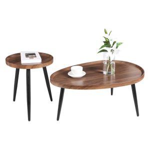 2-Piece Wooden Coffee Table Set – Modern Oval & Round Nesting Tables with Solid Legs