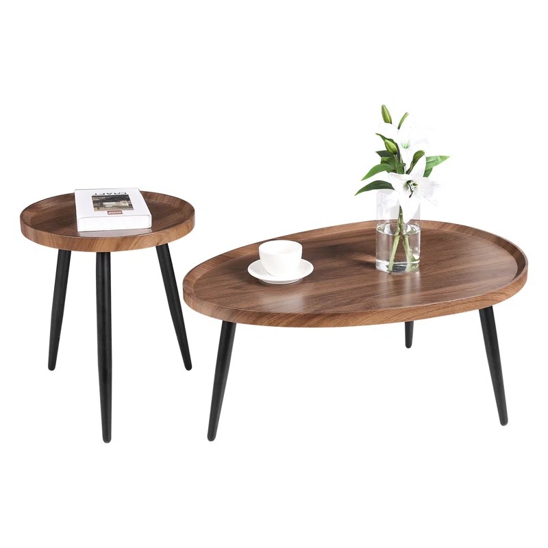 2-Piece Wooden Coffee Table Set – Modern Oval & Round Nesting Tables with Solid Legs