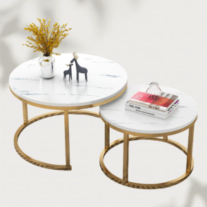 2-Piece Round Nesting Coffee Table Set – White Marble Finish with Gold Metal Frame