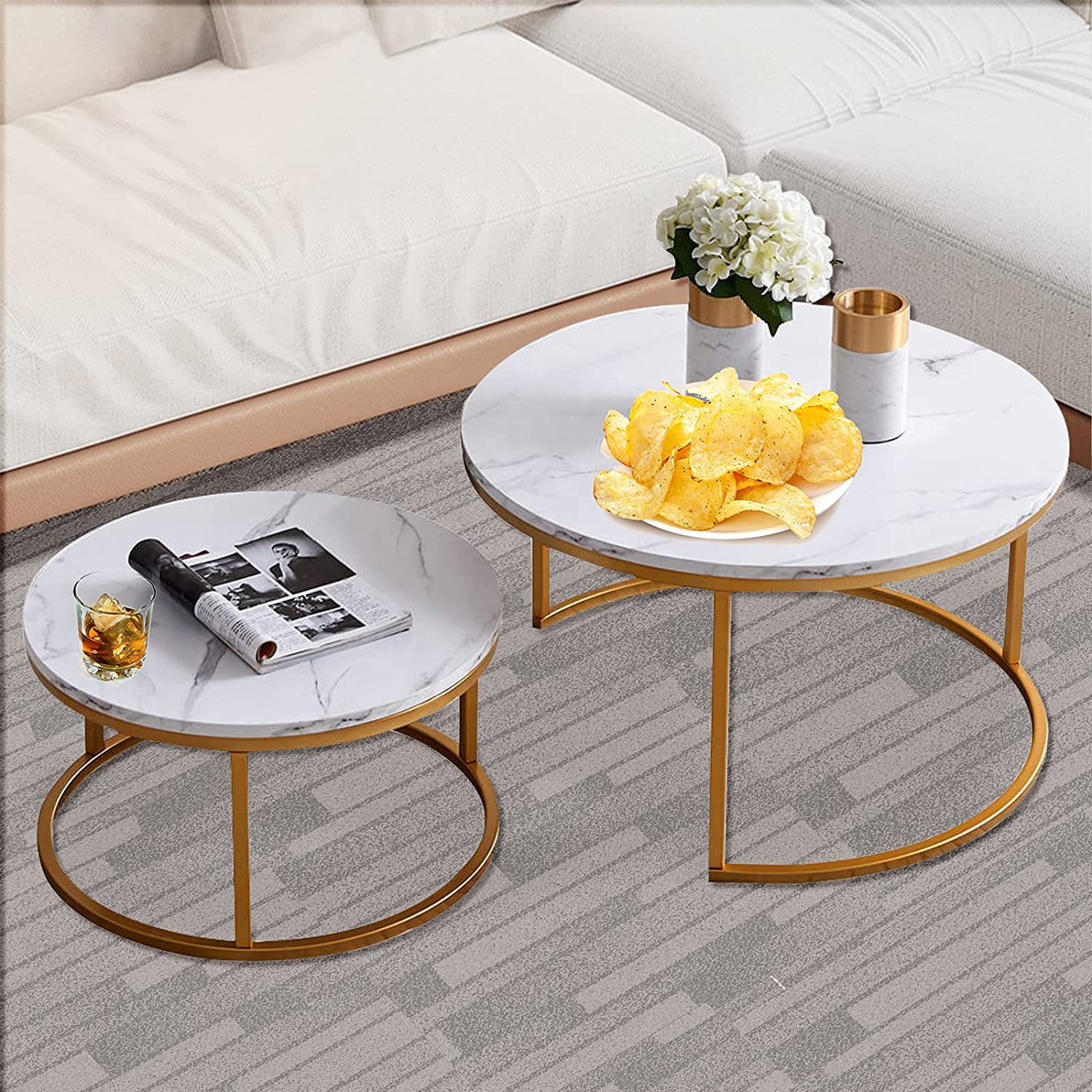 2-Piece Round Nesting Coffee Table Set – White Marble Finish with Gold Metal Frame - Image 2