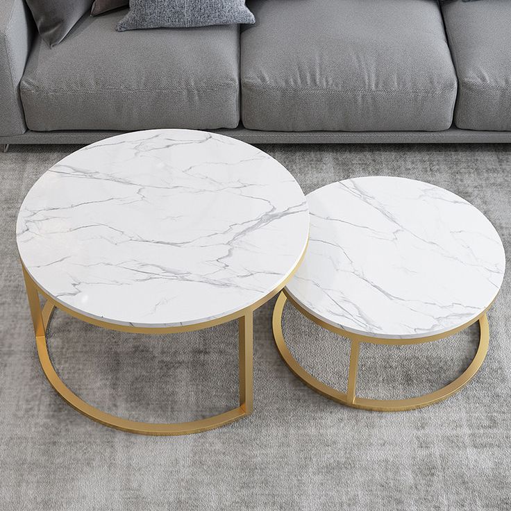 2-Piece Round Nesting Coffee Table Set – White Marble Finish with Gold Metal Frame - Image 3
